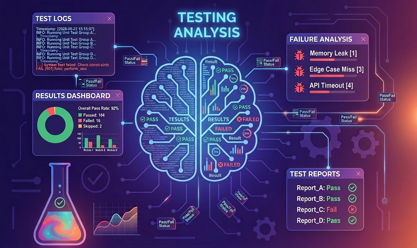 Zephyr testing analysis overview — test logs, results dashboard, failure analysis, and test reports